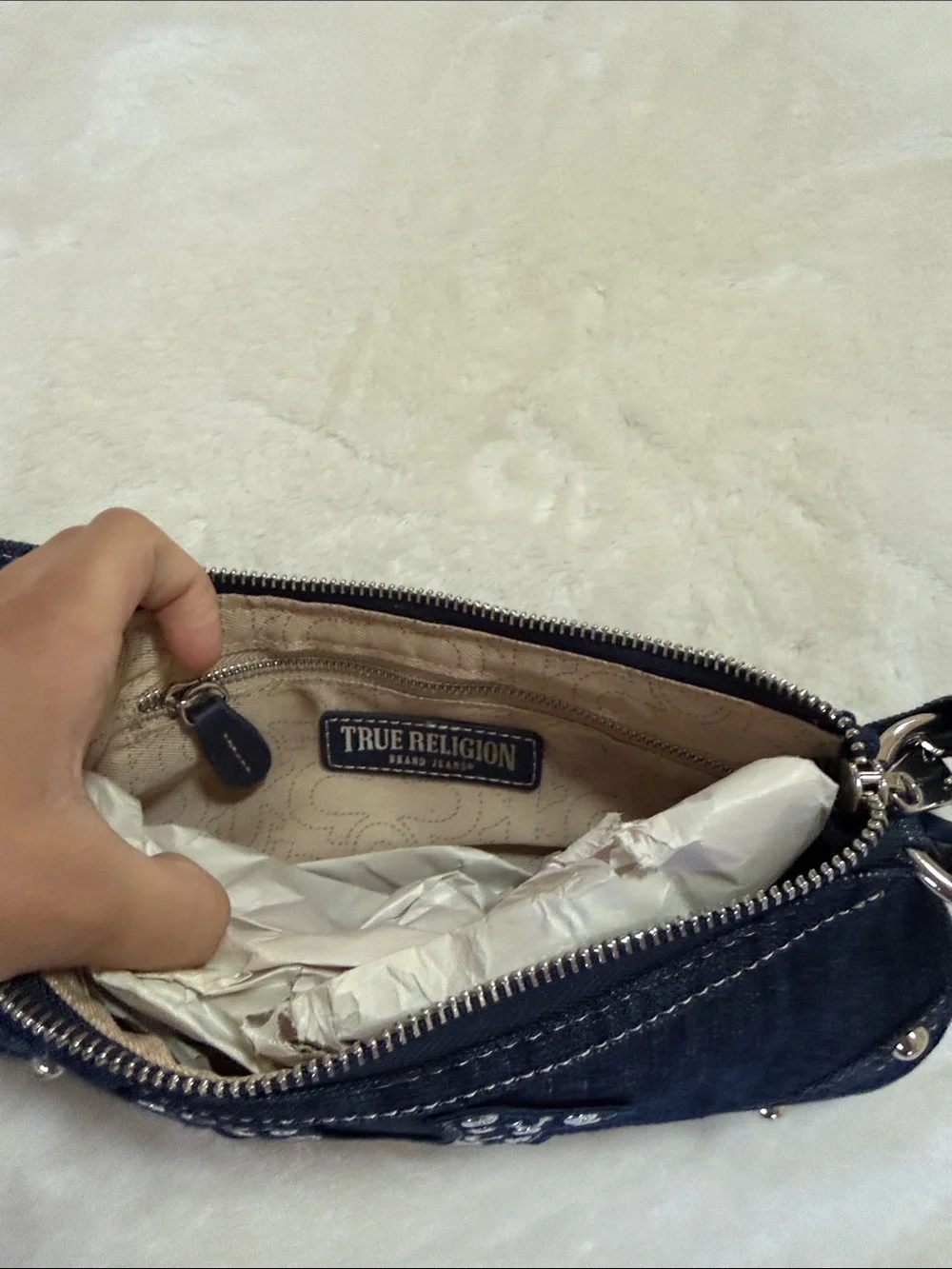 True Religion Dark Denim Studded Horseshoe Shoulder Bag Brand New